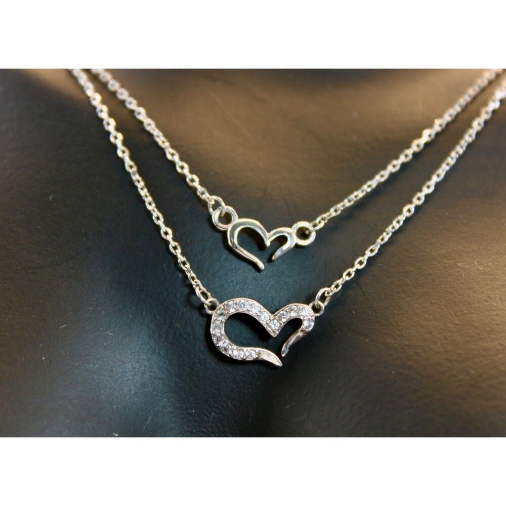Sterling Silver 14 Diamonds Double Heart Necklace Pendant Necklace 17" adjusts